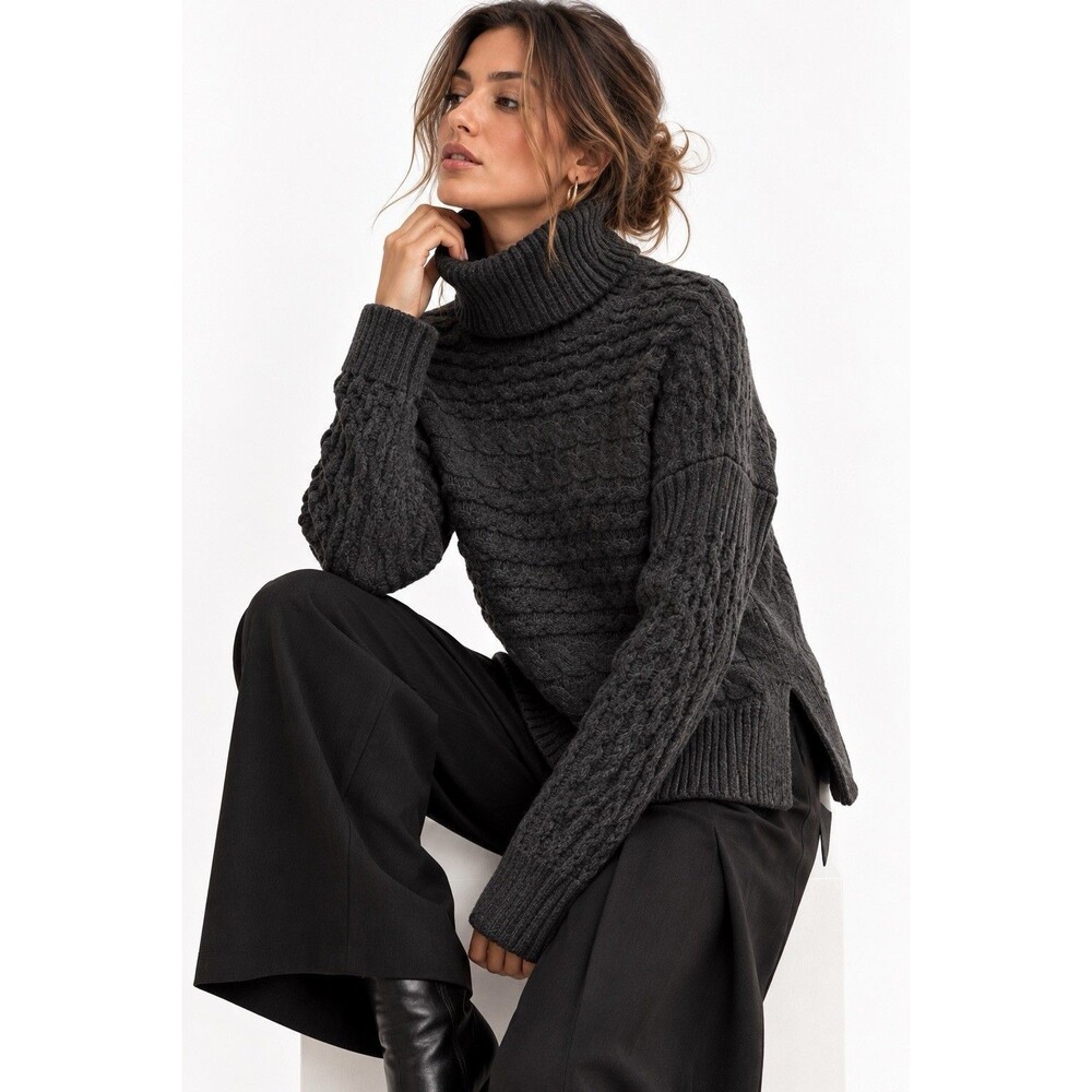 AllSaints Reed Funnel Neck Cable Knit Sweater Charcoal Wool Cashmere Small